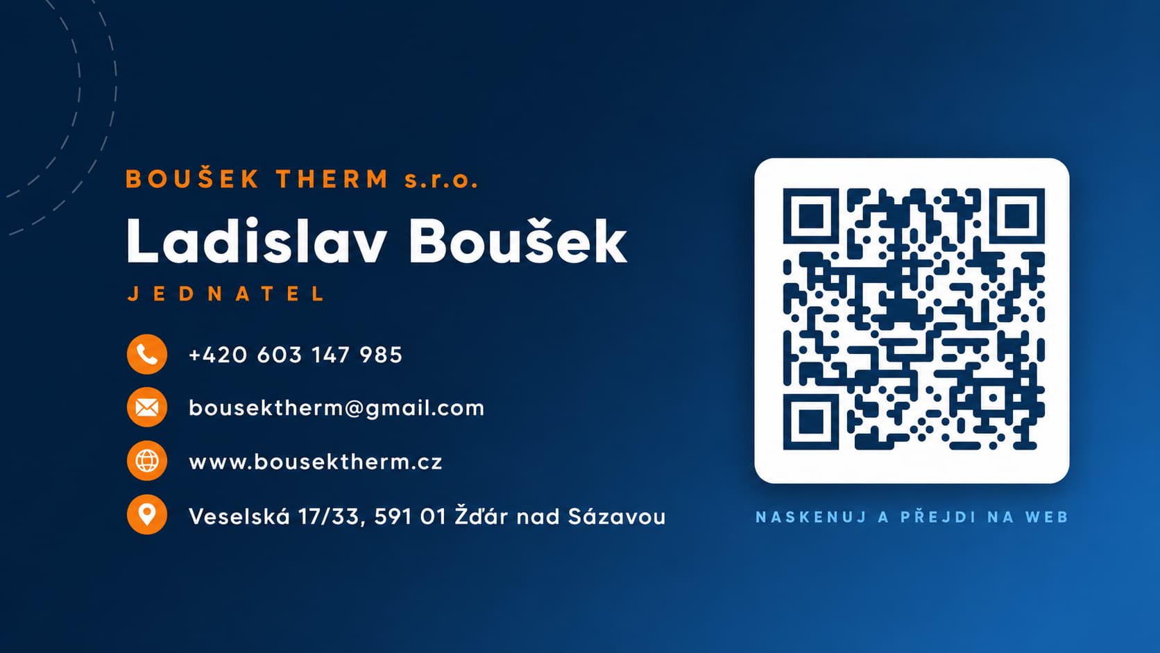 Kontaktní strana vizitky BOUŠEK THERM s dodanými kontakty a původním QR kódem.