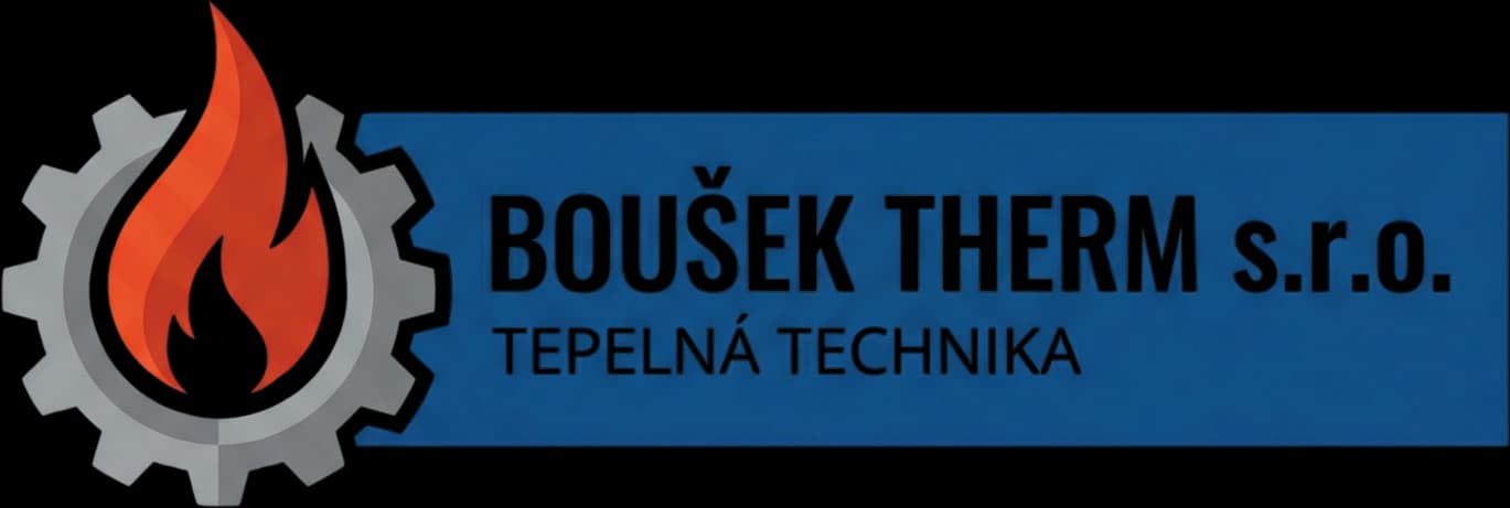 Původní horizontální logo BOUŠEK THERM s ozubeným kolem a plamenem.