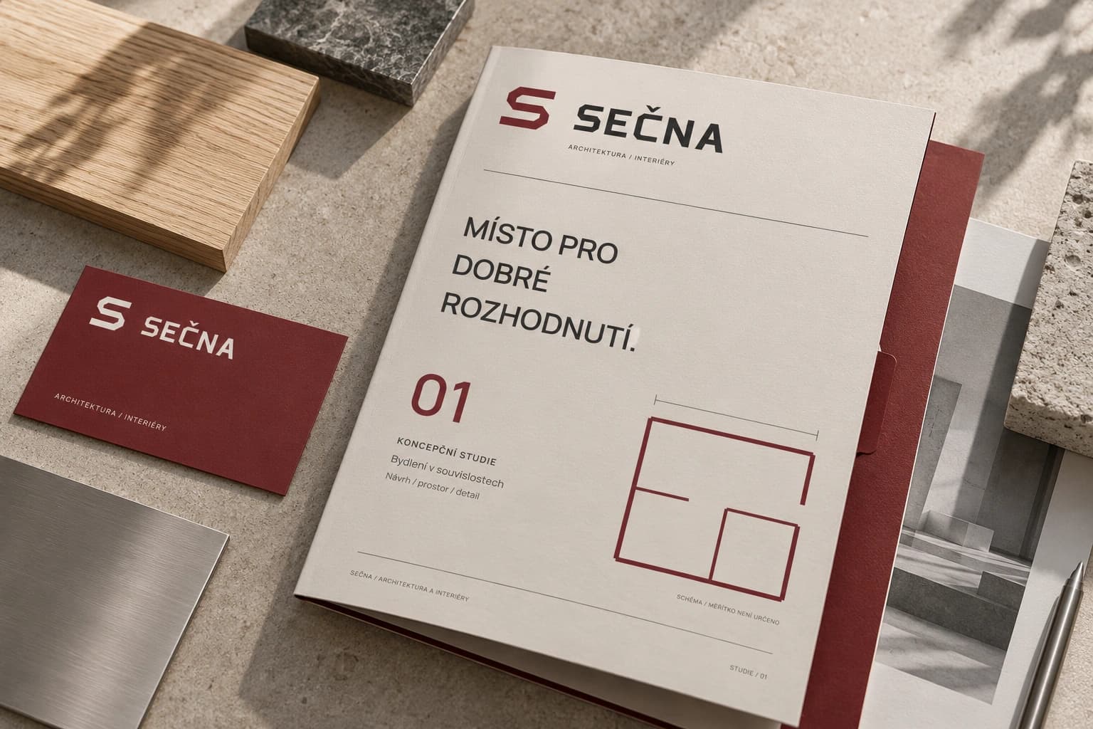 Identita v kombinaci s papírem a vzorky materiálů