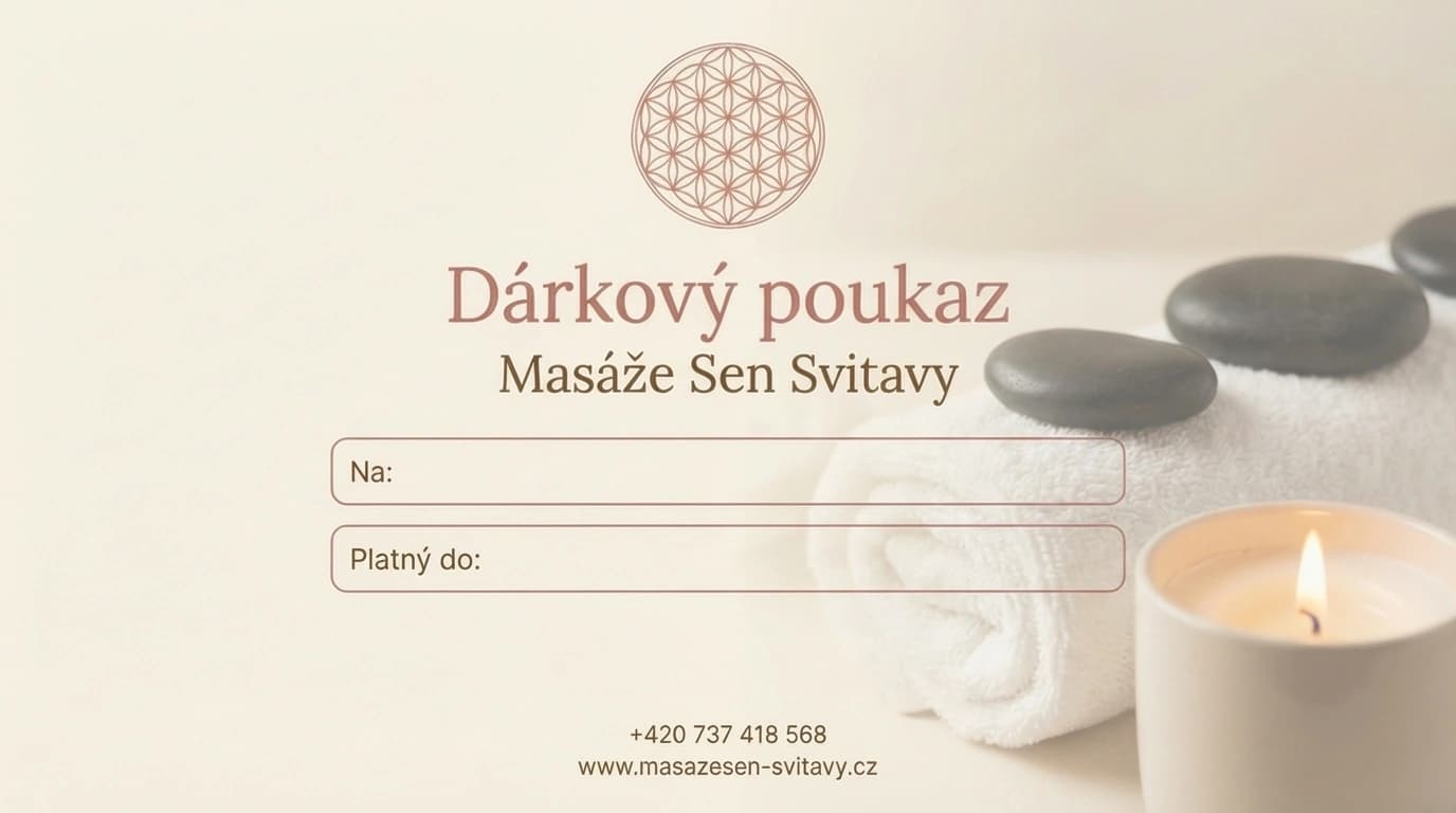 Přední varianta dárkového poukazu Masáže Sen s prázdnými poli Na a Platný do.