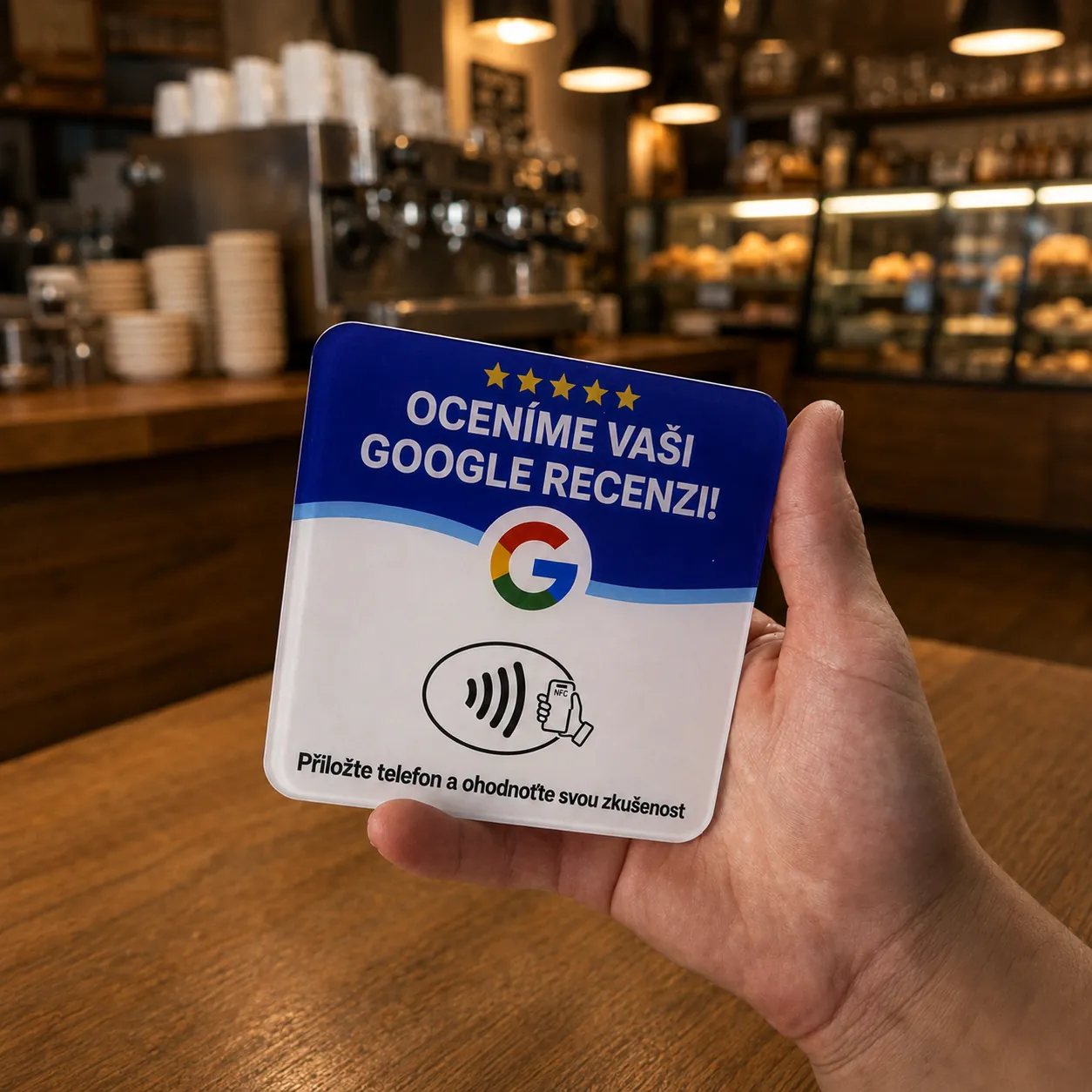NFC kartička na Google recenze v ruce zákazníka