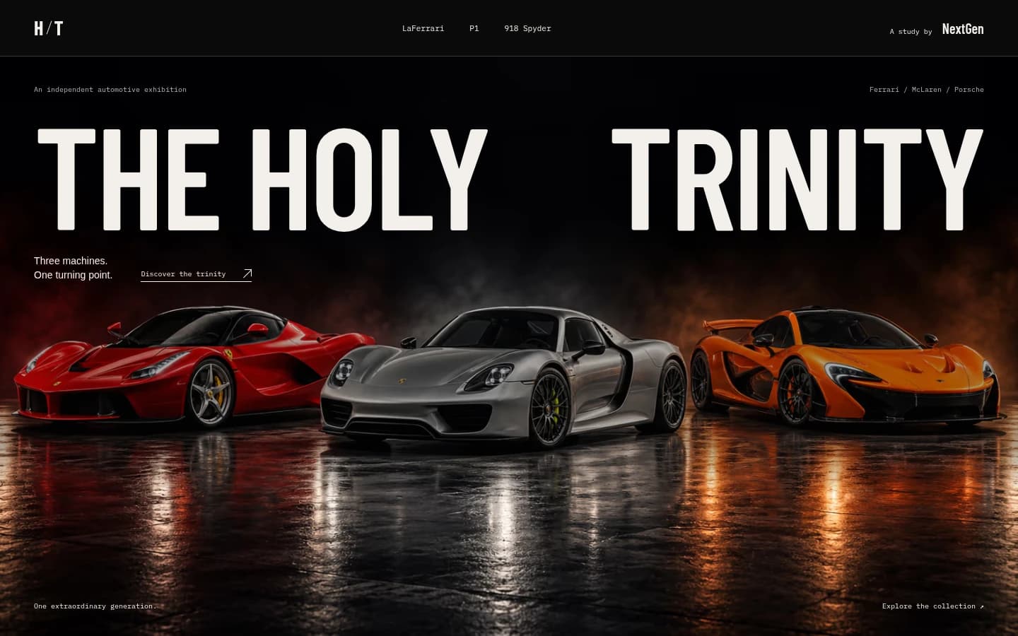 Úvod webu THE HOLY TRINITY s Ferrari LaFerrari, Porsche 918 Spyder a McLarenem P1