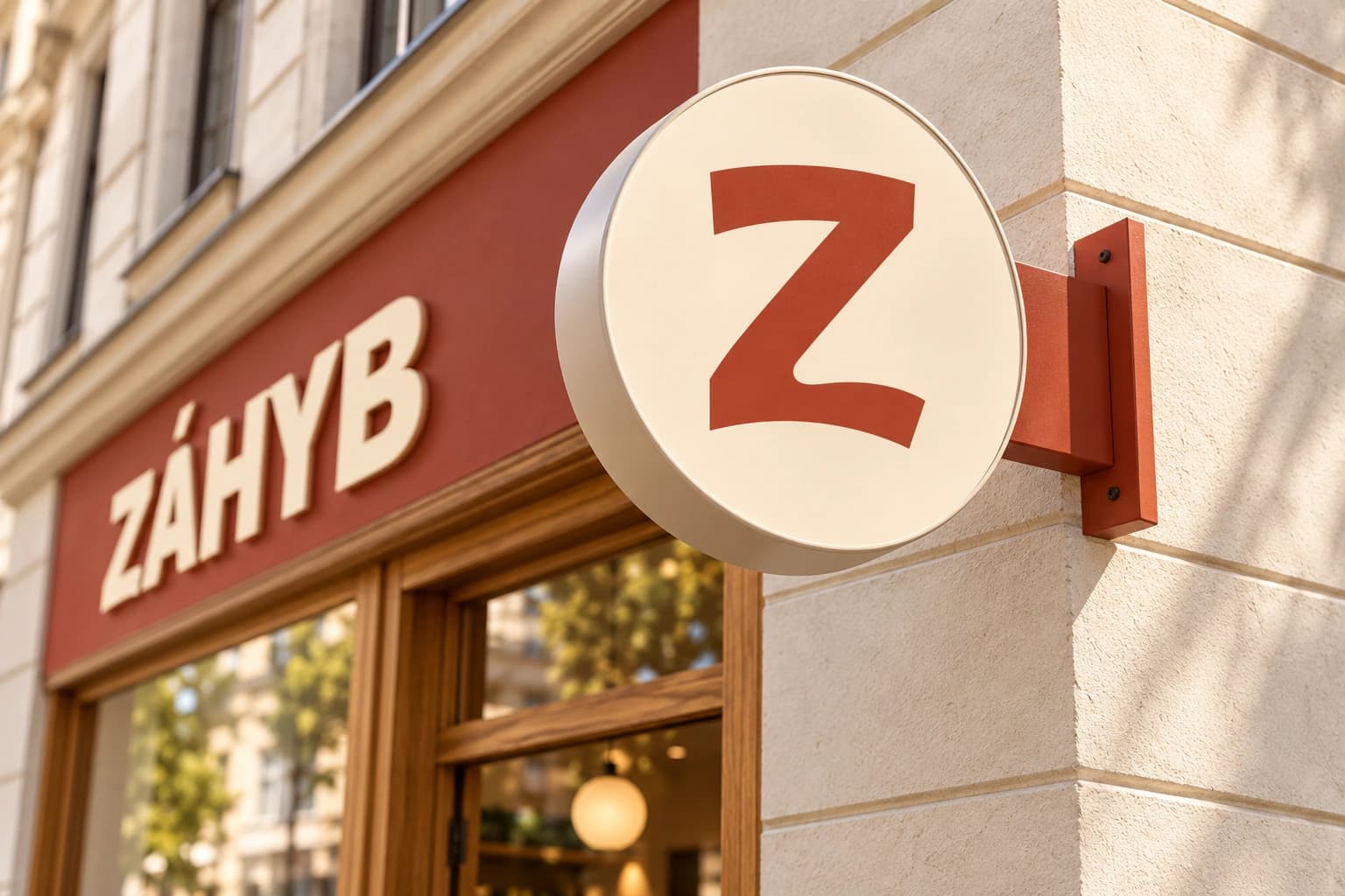 Detail modelového vývěsního štítu s cihlovým znakem Z u kavárny ZÁHYB.