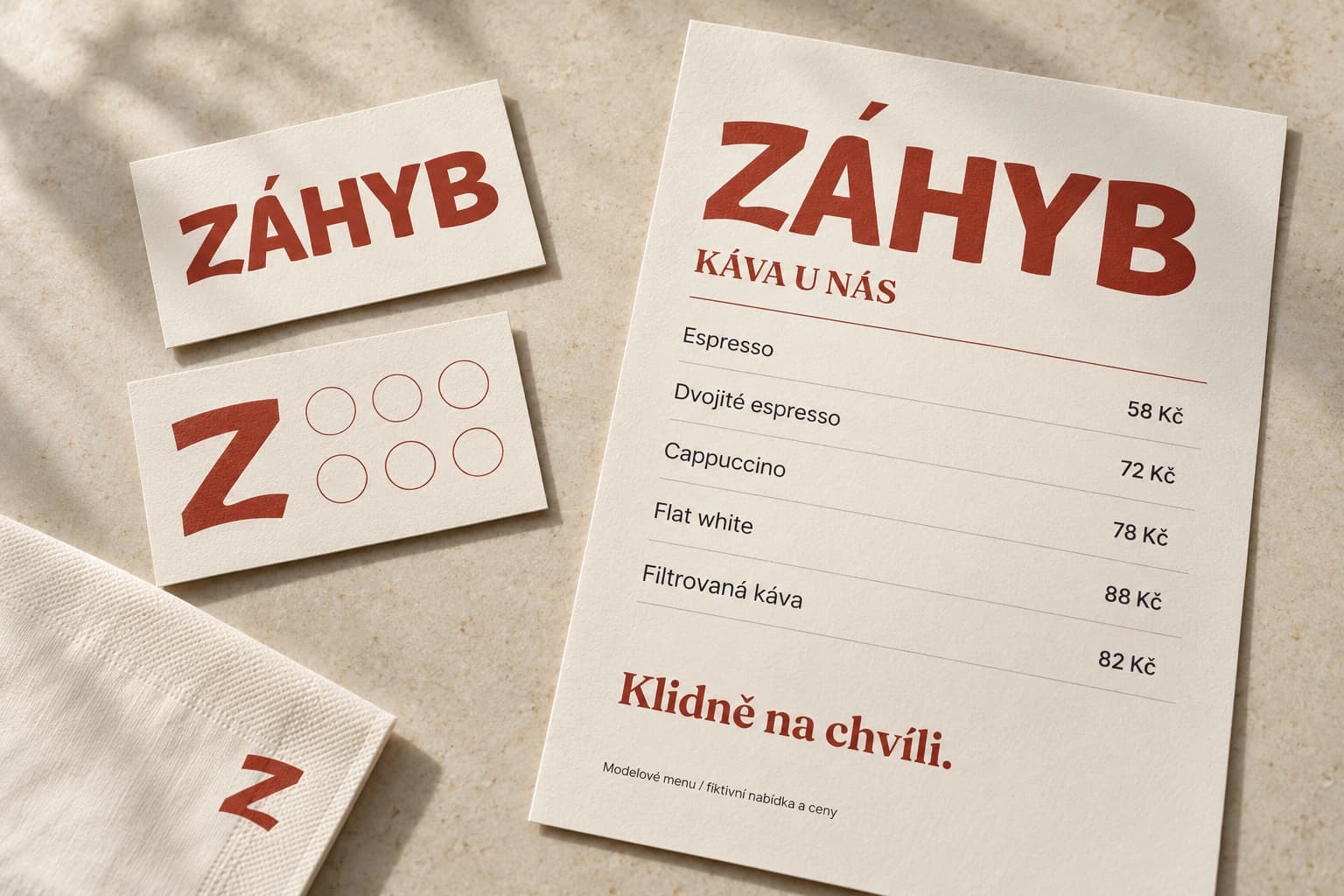 Modelové menu ZÁHYB, kartičky s logem a razítkovými políčky a ubrousek se znakem Z.