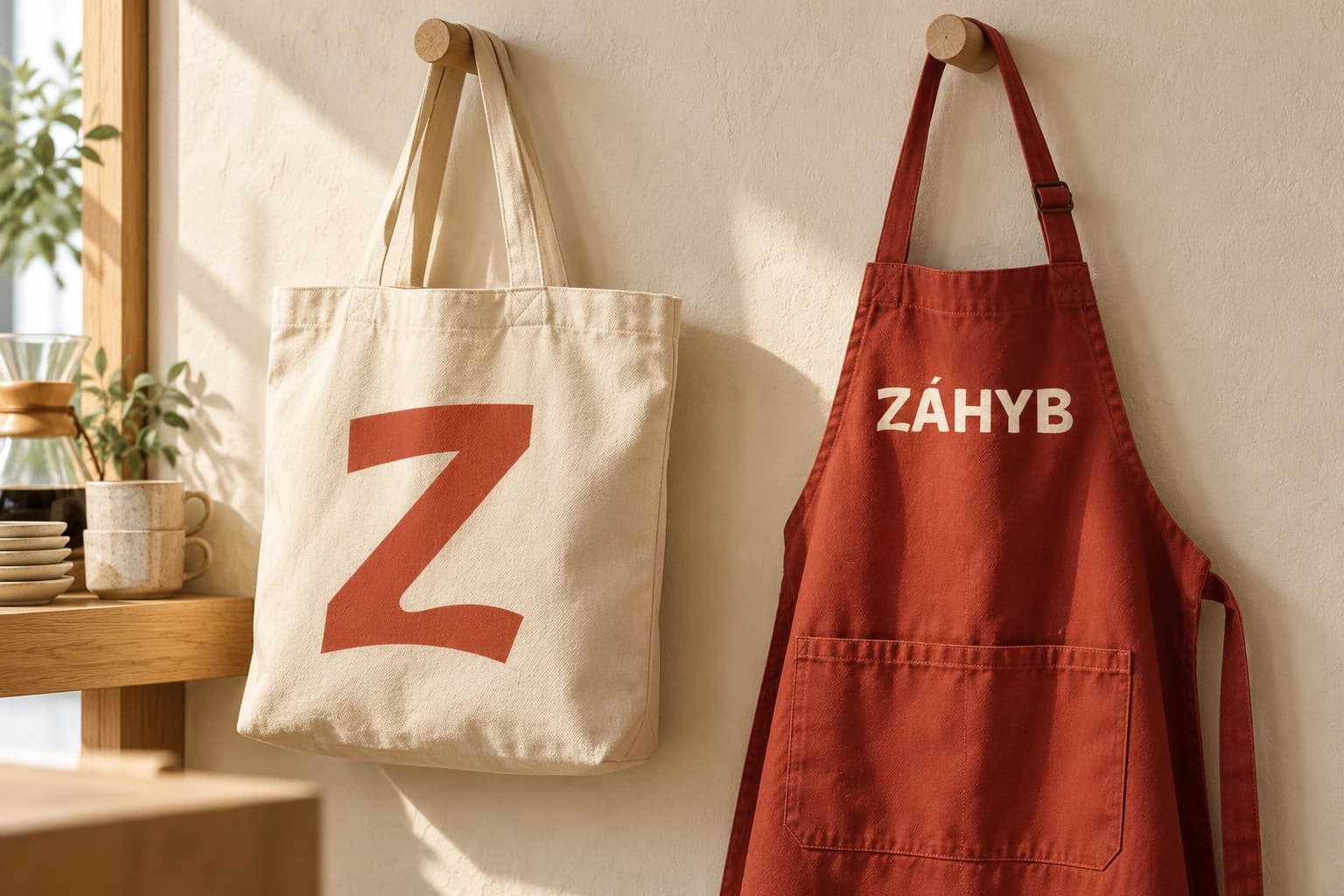Modelová plátěná taška se znakem Z a cihlová baristická zástěra s logem ZÁHYB.