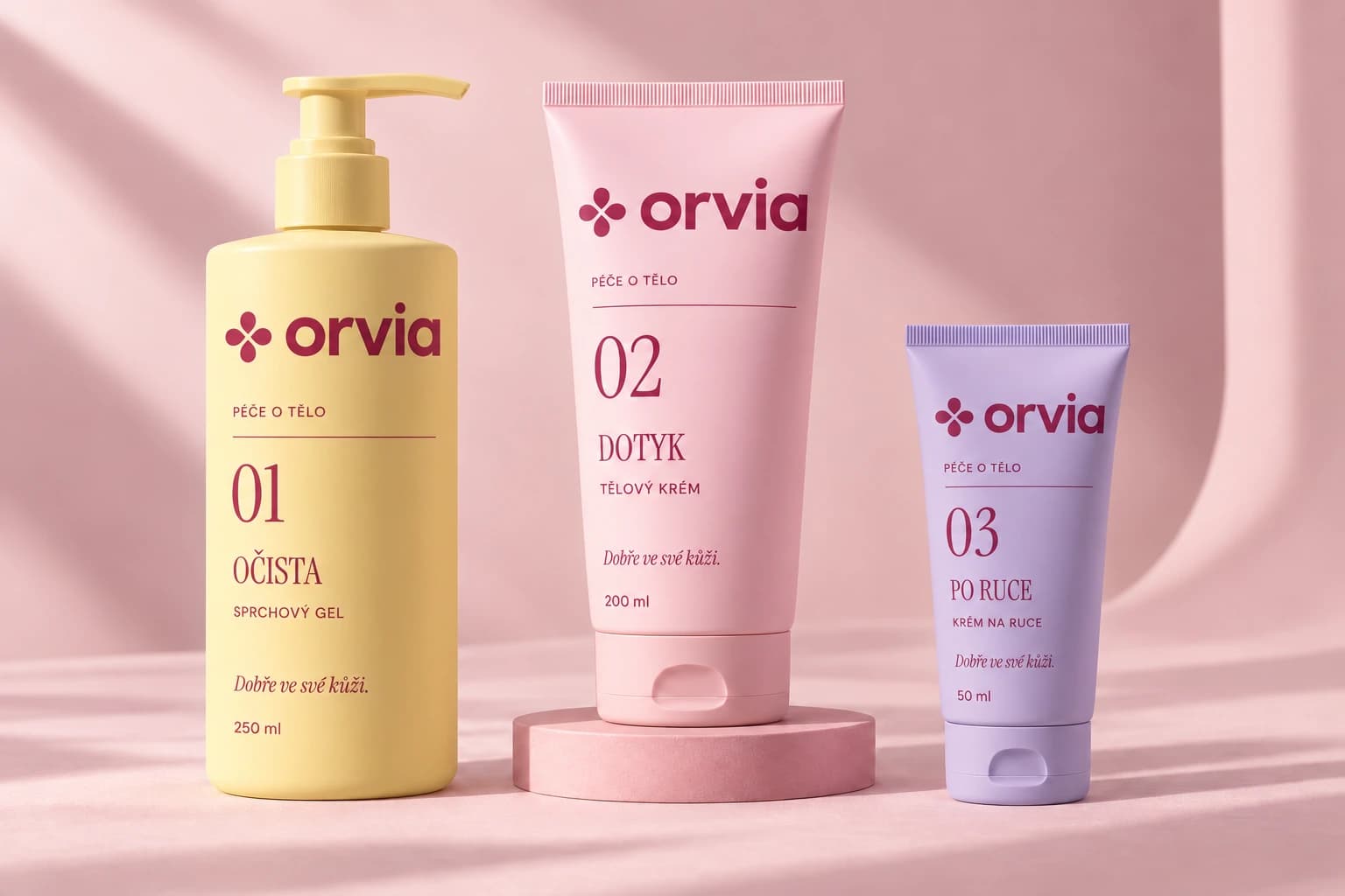 Tři modelové produkty ORVIA: vanilková láhev sprchového gelu, růžová tuba tělového krému a fialková tuba krému na ruce.
