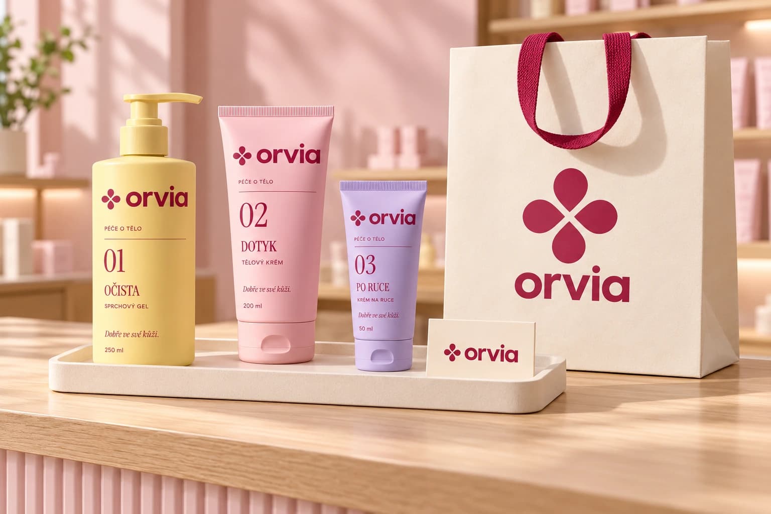 Modelová prezentace tří produktů ORVIA s papírovou taškou a značkovou kartičkou.