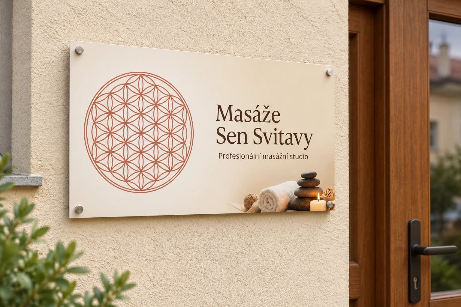 Vizualizace vodorovného návrhu označení na neutrální světlé fasádě u dveří.