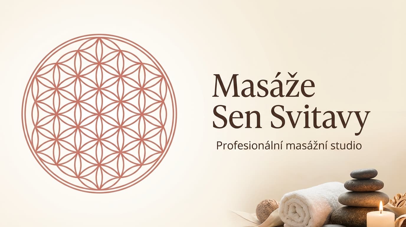 Plošná vodorovná grafika označení Masáže Sen Svitavy s motivem masážních pomůcek.