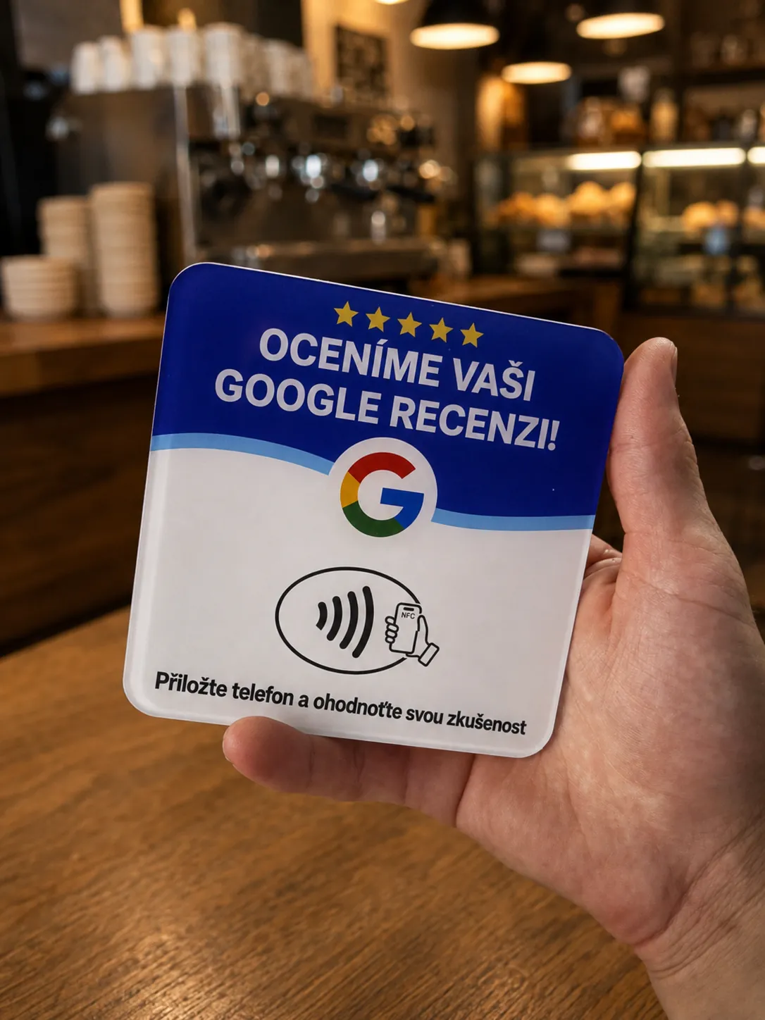Zákazník přikládá telefon k NFC kartičce na Google recenze